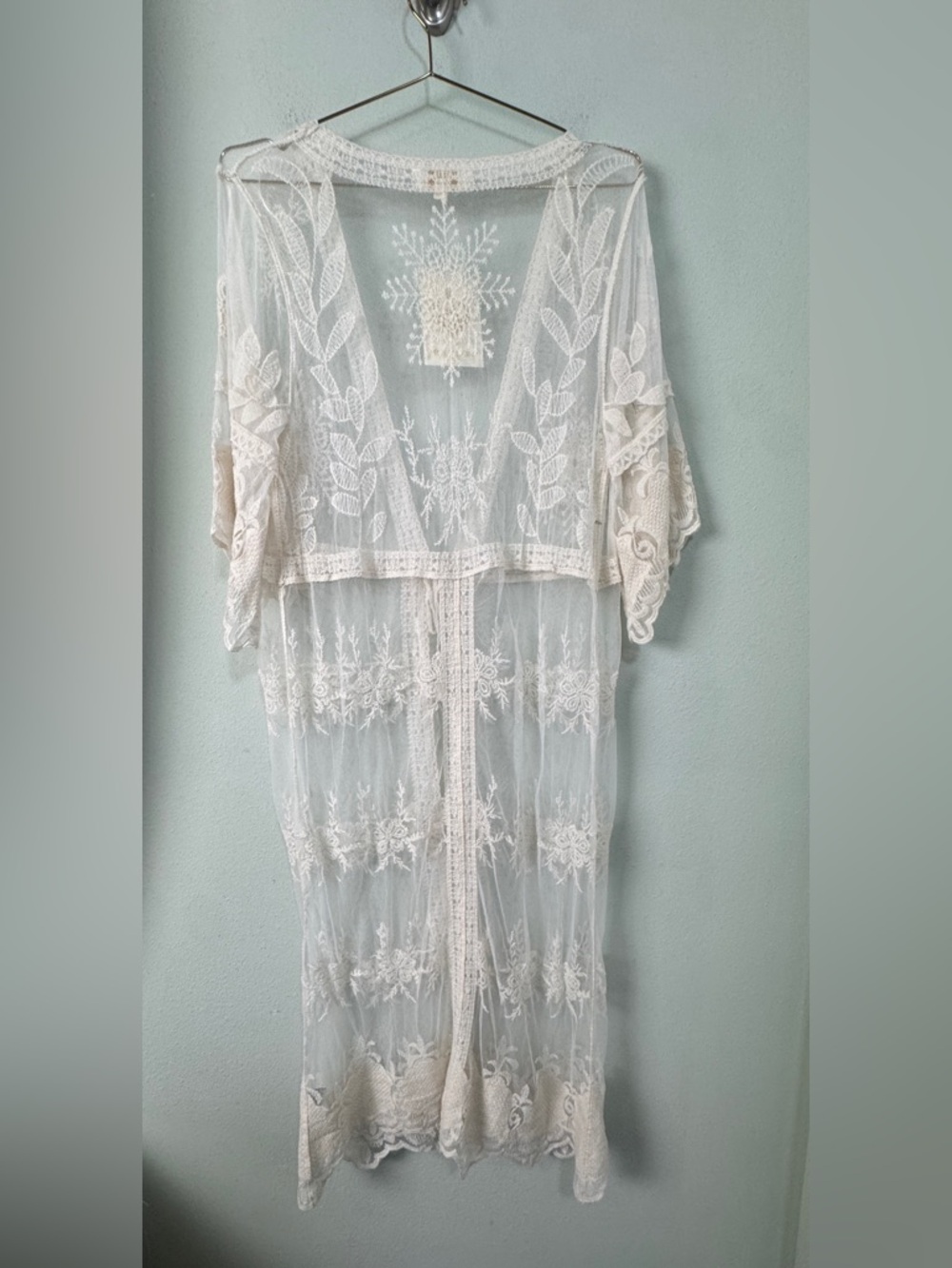 Rebellion Again Crochet Lace Floral Kimono Duster Cover Up Ethereal Festival M - Picture 4 of 9